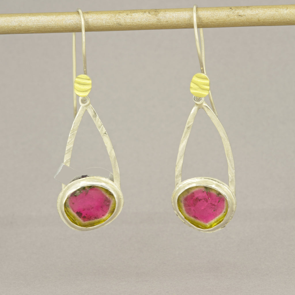 Watermelon Tourmaline Dangle Earrings in Silver, October Birthstone