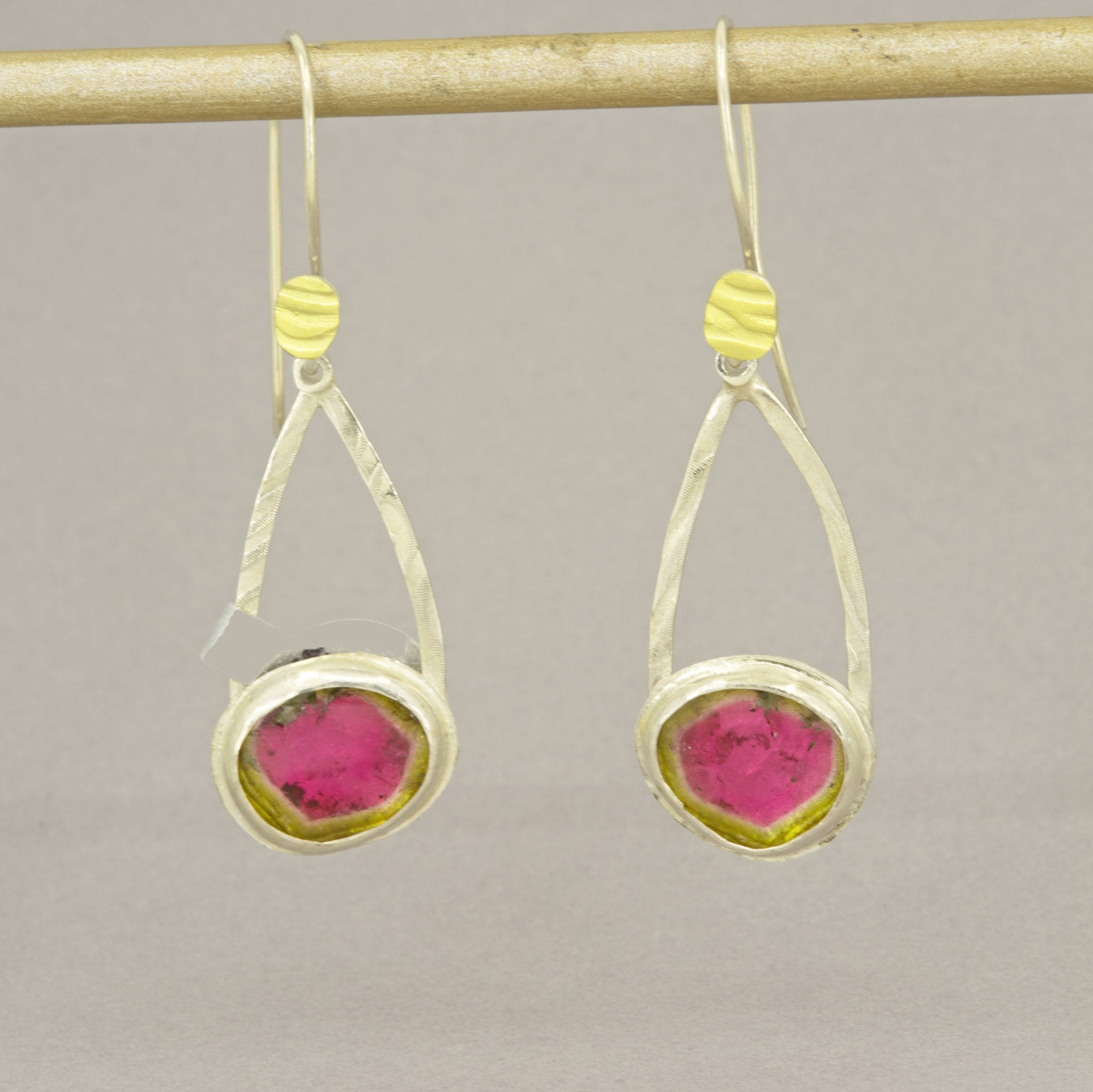 Watermelon Tourmaline Dangle Earrings in Silver, October Birthstone