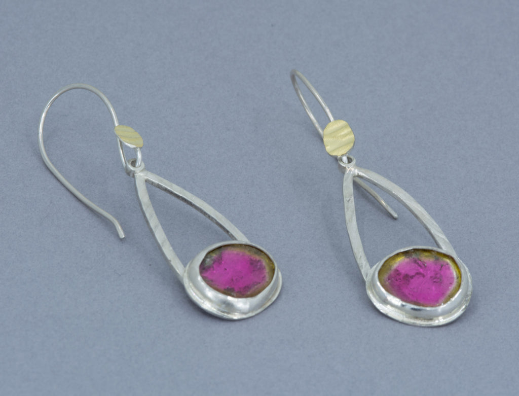 Watermelon Tourmaline Dangle Earrings in Silver, October Birthstone